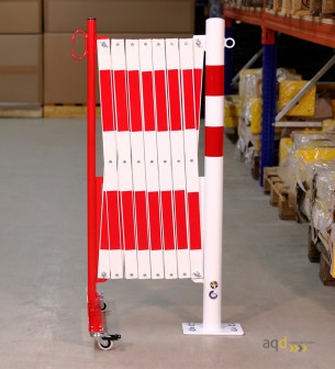 Barrera extensible con ruedas y poste redondo, rojo-blanco, long. 4 m - Barrera extensible con ruedas y poste cilíndrico/rect...