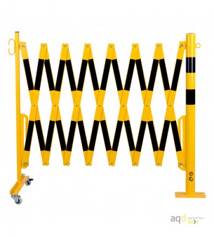 Barrera extensible con ruedas y poste redondo, amarillo-negro, long. 4 m - Barrera extensible con ruedas y poste cilíndrico/r...