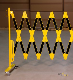 Barrera extensible con ruedas y poste redondo, amarillo-negro, long. 4 m - Barrera extensible con ruedas y poste cilíndrico/r...