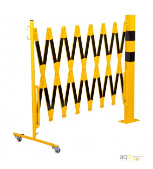 Barrera extensible con ruedas y poste rectangular, amarillo-negro, long. 4 m - Barrera extensible con ruedas y poste cilíndri...